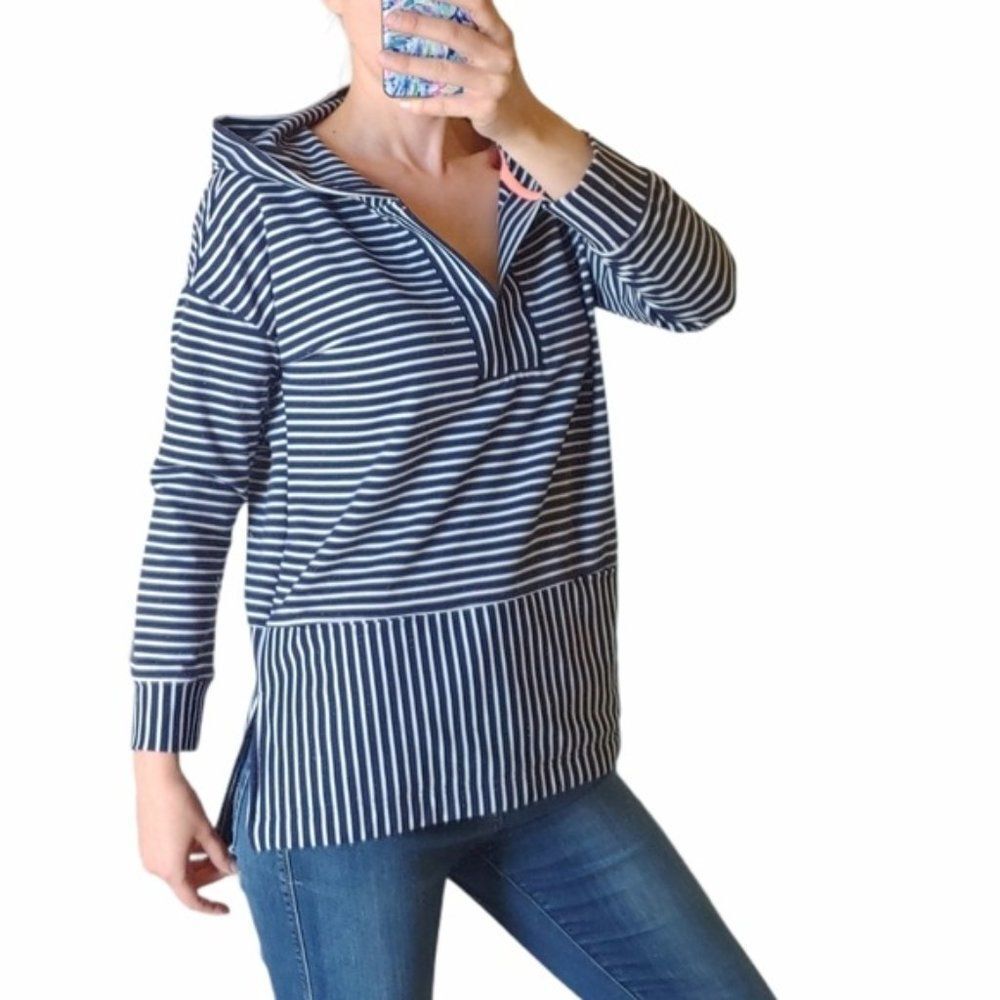 MelloDay striped hoodie blue white sweatshirt pullover long sleeves size Small